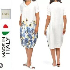 Francesca Bettini Dress Women's Large 100% Linen Balloon‎ Ivory White w/Florals